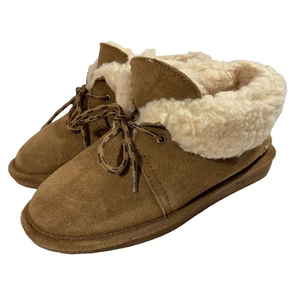BEARPAW Kory Low Top Brown Suede Wool Blend Lining Moccasin Boots Youth 4